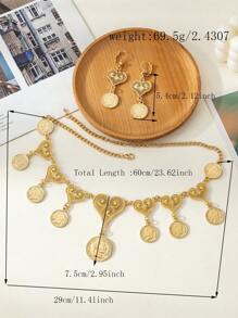 1Set Necklace & Earrings Arabic Plated Gold Hollow Heart Carving Portrait Coin Pendant Heavy-Craft Necklace And Earrings Bridal Wedding Jewelry Set
