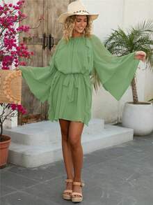 Elegancka damska szyfonowa, swobodna, wakacyjna, wielowarstwowa, luźna sukienka z falbankami, styl boho/boho, strój na wiosnę/lato - Zielony - Zobacz 2