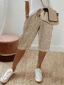 (Estampado no localizado) Pantalones cortos casuales hasta la rodilla con cordón, bolsillo y retorcido a rayas