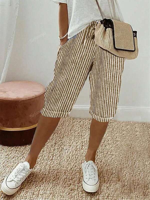 (Senza stampa localizzata) Pantaloncini casual al ginocchio con coulisse, tasche e pieghe, a righe