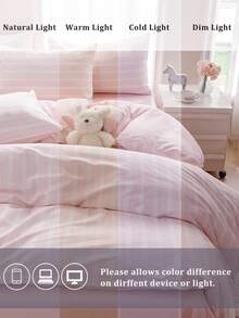 2/3件套条纹粉色床上用品套装，男女皆宜，学生宿舍理想之选，超级柔软，可爱清新，适合春夏学生使用，水洗磨毛被套和枕套套装，床上用品，不含被芯，提供双人床、大号床、特大号床尺寸，可用于房间装饰 - 粉色 - 查看 9