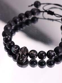 1 par de pulseras con cuentas de piedra de lava y casco espartano con diseño minimalista, lujoso, único y elegante para hombres, apto para uso diario, festivales, fiestas y estilo callejero.