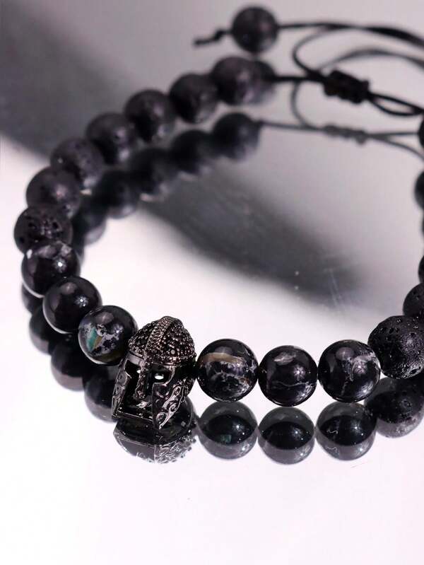 1 par de pulseras con cuentas de piedra de lava y casco espartano con diseño minimalista, lujoso, único y elegante para hombres, apto para uso diario, festivales, fiestas y estilo callejero.