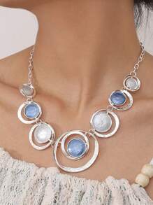 1pc Necklace 1 Pair Earrings Fashion Concentric Circle Jewelry Set, Bohemian Retro Unique Elegant Minimalist Blue Enamel Zinc Alloy, Suitable For Women Daily Wear, Party, Beach Holiday, Ideal Gift