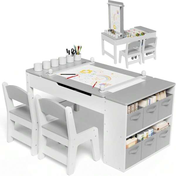 Kindertisch mit 2 Stühlen, Kinder Tisch Stuhl Set Holz, Kindersitzgruppe mit Stauraum, Kinder Maltisch mit Papierrolle, Mal und Basteltisch für Kinder, Maltisch für Kinder ab 3 Jahre