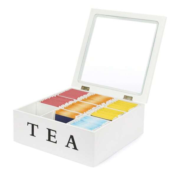 1pc Wood Tea Box Organizer Tea Storage Chest With Glass Lid 9 Compartments Tea Bag Holder For Cabinet Pine Wood Kitchen Organizer