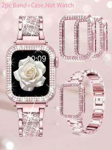 2 pièces/Ensemble Bracelets de montre Apple Bracelet de montre Apple Rose+ Étui de protection pour montre Apple Breloque en métal avec diamants scintillants. Le bracelet et l'étui de protection conviennent aux séries Ultra SE 10/9/8/7/6 5/4/3/2/1 compatibles avec les tailles de bracelets de montre Apple de 38 mm, 40 mm, 41 mm, 42 mm, 44 mm, 45 mm, 49 mm. 2 pièces de remplacement de bracelet de montre en métal avec des strass pour dames