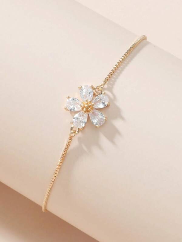 1pc Adjustable Copper Flower Shaped Cubic Zirconia Inlaid Drawstring Bracelet, Perfect Daily Wear, Date, Party, Etc.