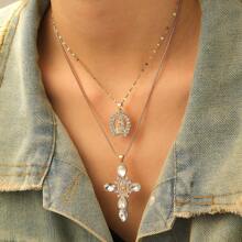 1 Set Elegant Christian Cross & Virgin Mary Icon Pendant Necklace, Fashion Jewelry Accessory Suitable For Daily, Holiday Wearing, Memorial Gift