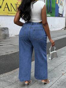 Jeans rectos y holgados de talla grande para mujer con remaches - Azul lavado oscuro - Ver 3