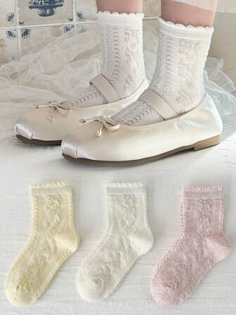 5 Pairs Kids Socks, Breathable Mesh Solid Color Elastic Comfortable Striped, Dyed Non-Fluorescent Healthy Soft Skin-Friendly Breathable Material Girls Mid-Calf Socks, Spring/Summer