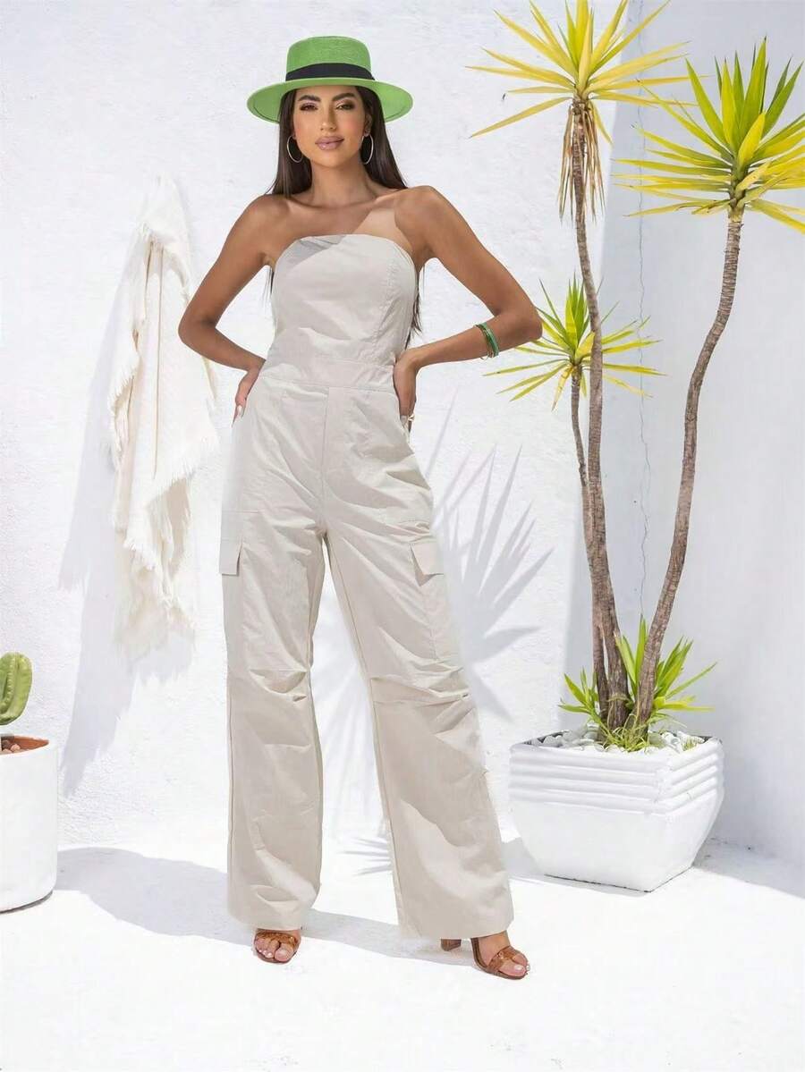 Women's Strapless Tactel Jumpsuit With Cargo Pockets - 米色 - 查看 1
