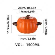 1 件创意南瓜形陶瓷汤锅，1500 毫升/50.72 盎司，带手柄和盖子（不可明火），可爱烤盘，南瓜派碗，丰收节感恩节餐具，适用于烤箱、洗碗机和微波炉，感恩节礼物，丰收节，家庭晚餐