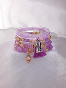 4pcs/Set Bohemian Elegant Sparkling Tassel Beaded Elastic Bracelet Set, Suitable For Women's Daily Wear, Birthday Party, Vacation, Gift