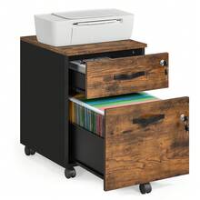 Caisson de Bureau à roulettes, Verrouillable, avec 2 Tiroirs, 5 roulettes, Barre de Suspension Réglables, pour Dossiers Suspendus au Format A4, Marron Rustique et Noir d'encre - Tabac - Voir 2