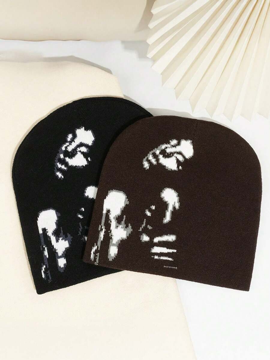 2 chiếc/1 chiếc Mũ len dệt kim Acrylic Jacquard Y2K họa tiết hình học dễ thương, thanh lịch, thường ngày dành cho nam, mặc hàng ngày - Đen/cà phê - Xem 1