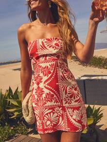 1 件女士休闲优雅舒适时尚热带度假海滩度假旅行海滩派对夏季音乐节户外花园派对性感可调节细肩带短款后系带迷你连衣裙，春夏秋季 - 紅色 - 查看 4
