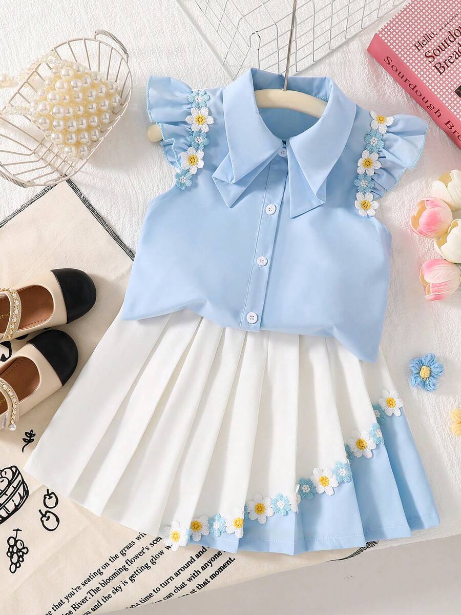 Girls' Floral Collar Top + Pleated Skirt Set, Featuring Embroidered Floral Trim, Vibrant, Color Block Design, Suitable For Summer Daily, Travel, School, Photo Shooting, Campus Activities