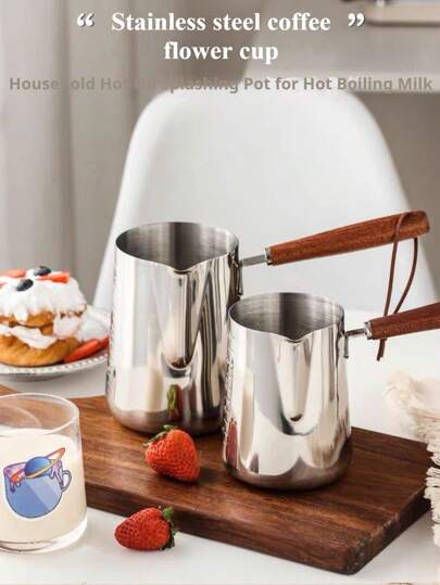 1pc Stainless Steel Coffee Latte Art Cup With Scale, Milk Frother, Wax Melting Cup, Heat-Resistant Wooden Handle, Suitable For Induction Cooktop, Latte Art Pitcher, Long Handle Jar For Coffee, Chocolate, Butter, Convenient Multifunctional Coffee Shop Latte Pitcher, Creative Heated Milk Pot, Anti-Spill Mini Pot, 250ml/350ml/600ml/900ml, Suitable For Home Use, Beginner And Professional Latte Artists, Office, Cafe, Hotel, Bubble Tea Shop, Etc.