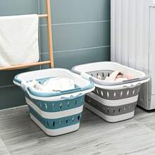 Collapsible Plastic Laundry Hamper With Handles - Portable Folding Clothes Basket For Bedroom, Bathroom & Multi-Room Use, White & Gray Rectangular Design With Ventilation Holes, Laundry Basket, Laundry Baskets Folding Dirty Clothes Basket, Household Wall Mount Clothes Storage Basket, Bathroom Laundry Basket, Plastic Large Laundry Basket, Home Organization And Storage Supplies For Bathroom Bedroom Living Room Dorm