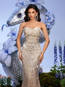 Elisanya Đầm dạ hội trang trí ngọc trai tinh tế LUVISTRUE Fairy Temperament cho nữ Váy dạ hội sequin cho mùa tốt nghiệp Dạ hội, tiệc sinh nhật, dạ tiệc, tiệc cocktail, hòa nhạc, lễ trao giải Váy dài chấm đất một bên vai màu trơn - Màu be - Xem 7