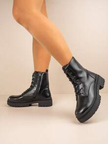 Faux Leather Chunky Sole Lace-Up Combat Boots - Black - View 1