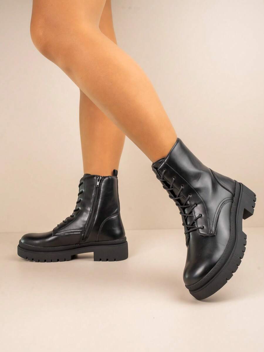 Faux Leather Chunky Sole Lace-Up Combat Boots - Black - View 1