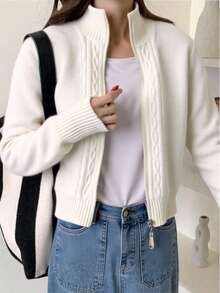 Zalla Women's Knitted Blouse With Front Zipper And Differentiated Texture, Korean Cropped Style - 白色 - 查看 6
