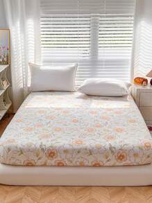 1pc Orange & White Floral Print Fitted Sheet With Deep Pocket, Green Leaf Fresh Farmhouse Style, Hypoallergenic Polyester Fabric, Comfortable & Skin-Friendly, Home & Dorm Bedding Decor