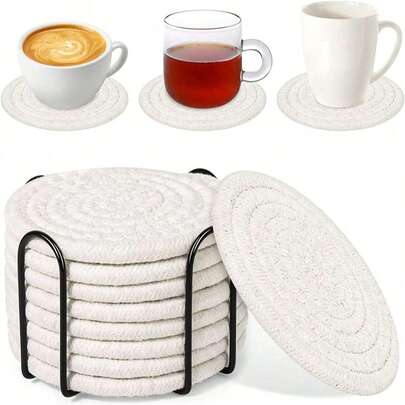 8 Pieces Of Absorbent Drink Coasters + Storage Rack, Coffee Table Woven Coasters, Kitchen Table Heat-Resistant Coasters And Thick Insulation Pads