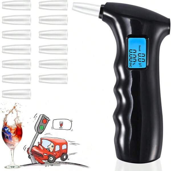 Alkoholtester, Polizeigenau Alkoholmessgeräte mit 14 Mundstücken, Professioneller Alkohol Tester Promillemessgerät mit Blaues Digitaler LCD-Anzeige und Halbleiter Sensorik (Schwarz)