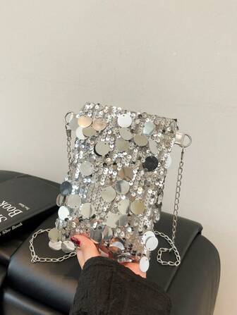 1pc Quilted Snap Closure PVC Sequin Small Square Bag, Fashion Glitter Coin Purse Phone Pouch, Women Party Handbag With Chain Strap, Sparkling Crossbody Bag For Ladies Attending Banquet, Party, Dinner