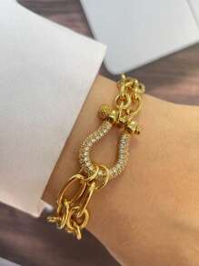 Pulseira dupla STYLEVER com fivela de ferradura dourada, cravejada com diamantes coloridos, corrente de aço inoxidável, combinada com pulseira estampada, estilo único e requintado