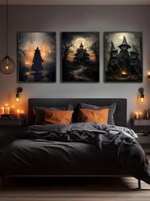 Juego de 3 obras de arte de lienzo de Halloween, arte de pared de academia oscura, bruja espeluznante, gato negro, castillo, carteles, impresiones, thriller, horror, decoración gótica de pared para fiesta de Halloween, decoración de la habitación, decoración gótica, decoración de dormitorio, decoración de sala de estar