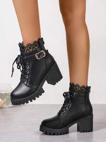 复古系带踝靴，粗跟，性感厚底，仿皮，高帮鞋，粗跟高帮女鞋，时尚黑色粗跟踝靴，高跟鞋，秋冬高跟黑色踝靴，粗跟防水厚底系带踝靴，厚底系带后拉链高跟鞋雨靴，粗跟浅口鞋，黑色高跟靴，圆头成熟性感舒适不疲劳百搭秋冬女鞋，性感增高踝靴，时尚粗跟女鞋 - 黑色 - 查看 4