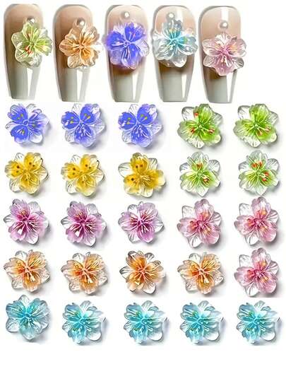 50Pcs Glow-In-The-Dark Ice Flower Nail Charms,Translucent 3D Resin Floral Petals In Assorted Colors, Rhinestone-Style Nail Art Decorations For Manicure,Pedicure & Diy Nail Designs, Nail Accessories Nail Supplies Nails Nail Gems
