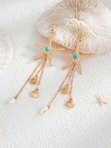 1 对波西米亚风格海洋元素金属海星和贝壳吊坠耳环，带不对称水晶珠流苏，适合女士，优雅珠宝，适合日常佩戴和度假