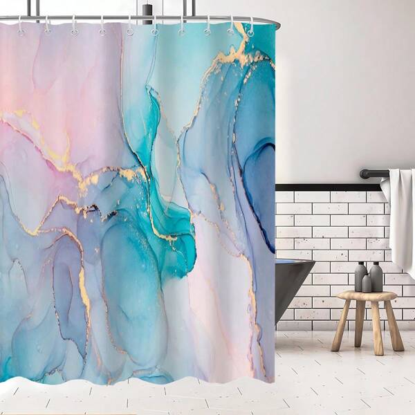 1pc Dreamy Marble Gilded Pattern Bathroom Curtain, Decoration Curtain With Plastic Hooks, Suitable For Rooms, Families, Hotels, Machine Wash Curtains, Waterproof Bathroom Shower Curtains, 180x180cm_70.87x70.87inch Back To School