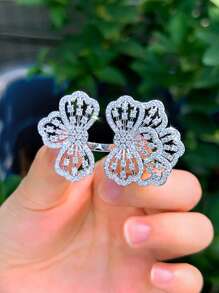 1 anel aberto com zircônia cúbica grande e flor grossa, joia ajustável banhada a prata para mulheres, noiva, casamento, noivado, banquete, festa, madrinhas, presente de Natal