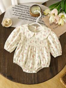 Infant/Baby GirlFloral Print Lapel Long Sleeve Bodysuit, Spring/Autumn - Apricot - View 2