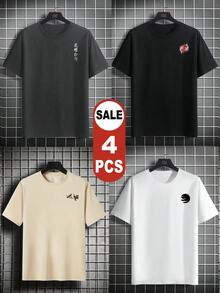 4pcs/Set Men's Casual Streetwear Japanese Culture Graphic Short Sleeve T-Shirts, Summer - Multicolor - View 6