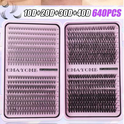 640片装DIY睫毛嫁接套装 - 混合长度10-16mm，包含10D、20D、30D、40D、50D、60D、80D、100D睫毛簇，适用于猫眼妆、角色扮演、学院风、俄式浓密、自然、夏季、戏剧妆容等多种风格。套装包含胶水、封层剂和镊子，新手友好，0.07mm粗细，D型卷翘蓬松效果，便携式设计，居家旅行皆宜。