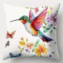Set Of 4 Bright Hummingbird And Floral Pillowcases, Modern Living Room Sofa Decorations, Sofa Decorations, Bright Print Designs, Zipper Pillowcases, Decorative Pillowcases, Single Side, No Pillows