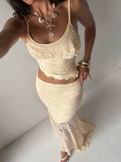 Women's Summer Solid Light Yellow Layered Ruffle Lace Asymmetric Hem Crop Top Camisole And Lace Mermaid Maxi Skirt, Suitable For Music Festivals, Concerts, Parties, Young Girls' Daily Wear, Beach Vacation, Commute