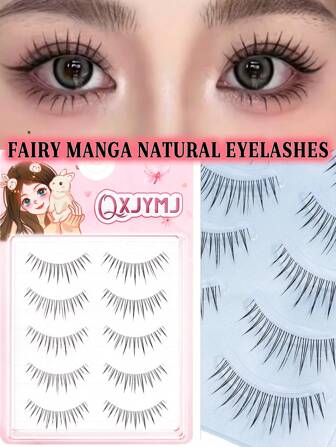 Stile alla moda, aspetto naturale affascinante, 5 paia di ciglia finte da donna stile giapponese e coreano, ciglia finte sottili e naturalmente arricciate, ciglia finte a forma di occhio di gatto, ciglia manga, adatte per pendolarismo quotidiano, viaggi, festival, feste, strumenti di trucco quotidiano. Ciglia a striscia, ciglia, ciglia finte