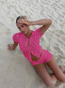 Women's Summer Vacation Outfits Crochet Mesh Sexy Hollow Beach Short Sleeve Knit Cardigan +Shorts 2 Pieces Set - Vacation 2 Pieces Sets Woman, Crochet Cover Club Outfits Women Sexy Slim Fit