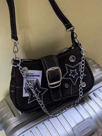 Woman 2025 New Star & Denim Handbag - Shoulder Underarm Bag, Vintage Button Decor, Chain Crossbody Bag , Vintage Bag