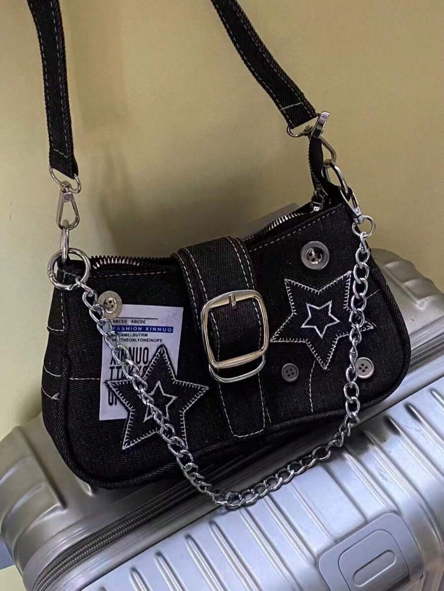 Woman 2025 New Star & Denim Handbag - Shoulder Underarm Bag, Vintage Button Decor, Chain Crossbody Bag