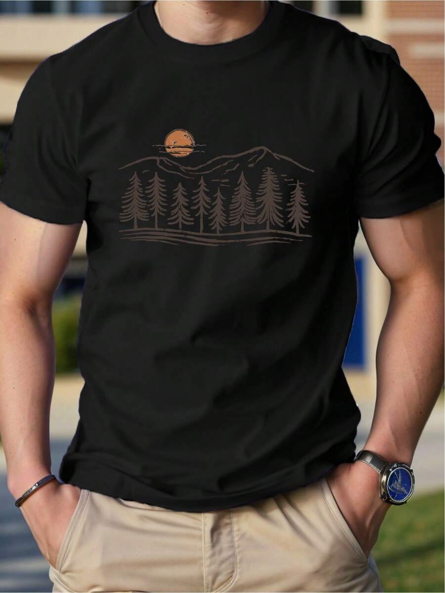 Sun Mountains Woods Men's Cotton T-Shirt Comfortable Edition - 黑色 - 查看 1