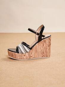 Women's Platform Wedge Sandals, Ladies Thick Bottom Casual Shoes, Hemp Rope Slide Sandals, Suitable For All Seasons, Vacation, Party, Leisure, Beach, Bohemian Style Wood Grain Design, Elegant Beach Resort